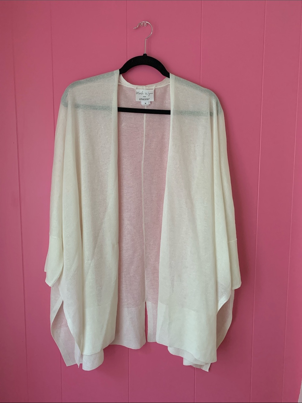 Marla Wynne for Chico’s Ivory Open-Front Lightweight Draped Sheer Cardigan